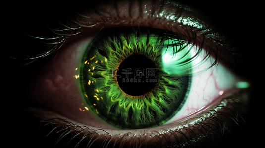角膜接触镜背景图片_3D 插图精美描绘发光绿眼与逼真的虹膜角膜和视网膜