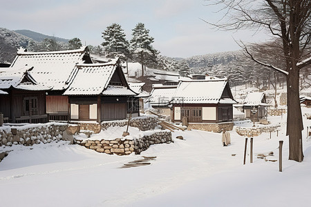 冬天古建筑背景图片_冬天的小场景，房屋被雪包围