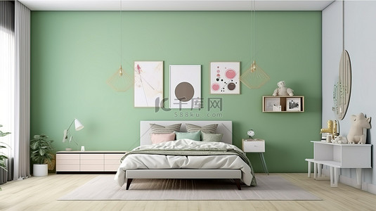 现代青少年房间设有宽敞的床和充满活力的绿色墙壁上的模型艺术品 3D 渲染