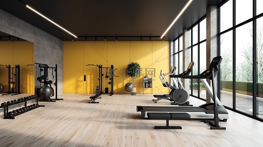 现代室内健身房设计的 3D 渲染