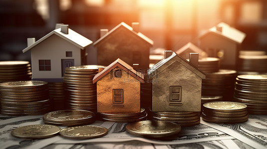 房地产交易背景图片_房地产交易购买出售按钮上的房子与货币背景 3D 渲染