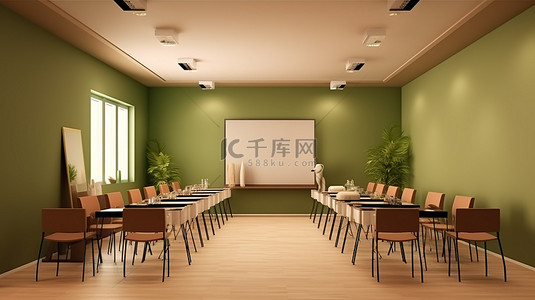 带有橄榄色墙壁和棕色 3D 家具的现代培训空间