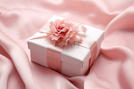 照片：一个小礼品盒，在粉红色的布上绑着粉红色的丝带