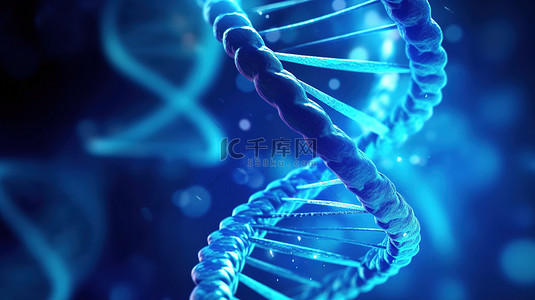 蓝色背景上旋转 DNA 的 3d 插图