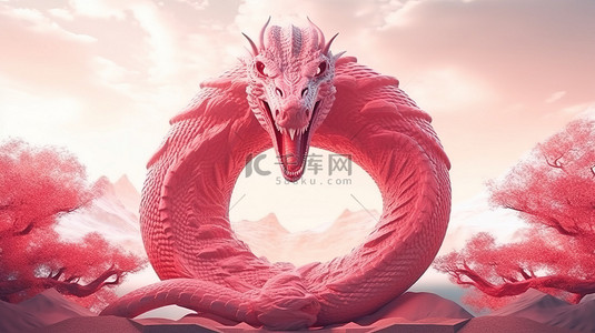 彩色中国龙背景图片_彩色红色图案围绕着白色怪物蛇剪影的令人惊叹的 3D 幻想插图