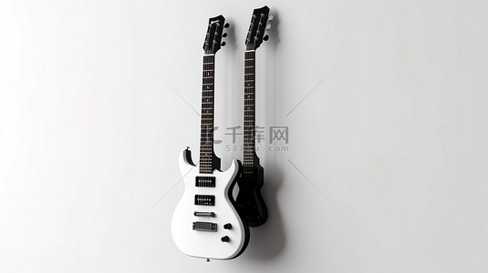 单色六弦电吉他站在纯白色背景上的白墙上，数字渲染