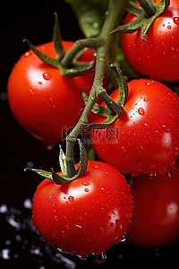 藤上成熟的西红柿，带着雨滴