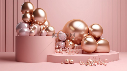 恋爱圆形背景图片_3D 工作室场景中装饰有金球粉色气球和礼品盒的圆形讲台