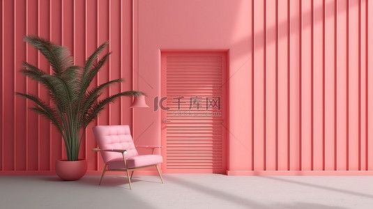 单色珊瑚粉色 3D 渲染遮阳门和椅子植物概念