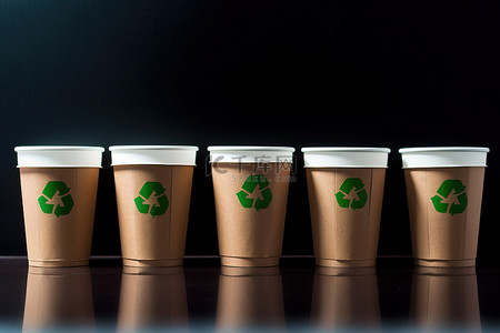 五个纸杯，上面有绿色回收标志