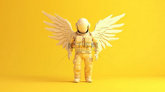 星空背景翅膀背景图片_充满活力的黄色背景下带翅膀的宇航员的 3D 插图
