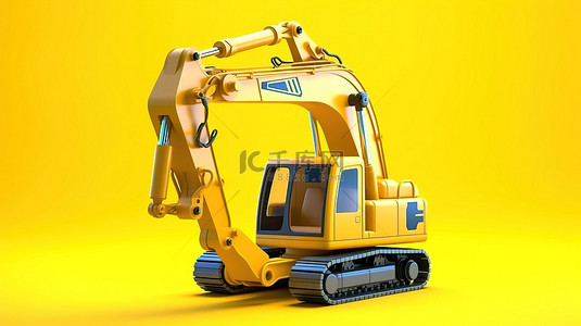 黄色背景上单独站立的挖掘机的 3D 插图
