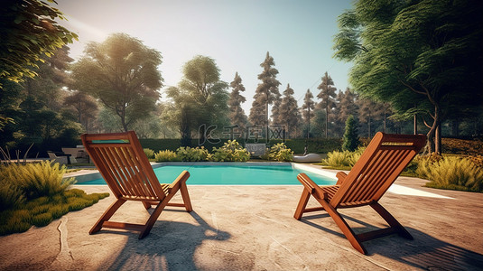 后院草坪背景图片_后院和游泳池的 3D 渲染，配有草坪椅