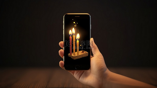 手机卡通手背景图片_移动交易手持智能手机和发光烛台图