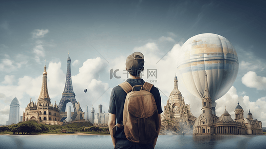 出国旅行背景图片_地标建筑物热气球旅行者旅游广告背景