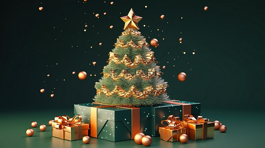 礼物新年背景图片_低多边形圣诞树下的节日礼物令人惊叹的 3D 渲染插图
