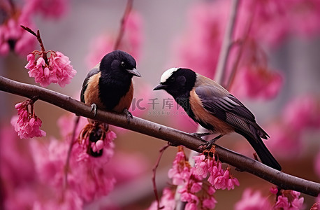 一只乌鸦栖息在开着粉红色花朵的树枝上