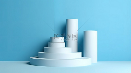 抽象浅蓝色平躺显示器，带 3D 圆柱讲台和背景台阶