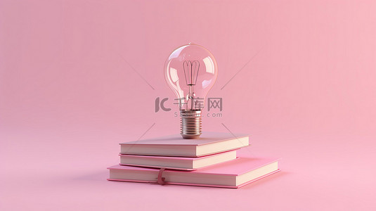 灯泡的二维渲染，照亮书籍，象征着粉红色背景下的创意思维和构思