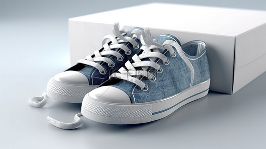 新设计的蓝色牛仔运动鞋，装在无品牌白色鞋盒中，以白色背景 3D 概念化为背景