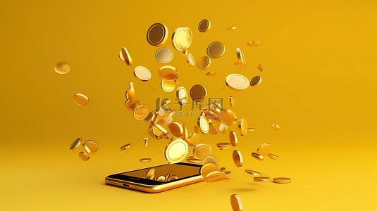 金挖金背景图片_3D 渲染金比特币与智能手机在孤立的彩色背景下掉落