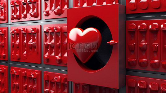 红情人节背景图片_打开保险箱中一颗猩红之心的高度聚焦 3D 渲染
