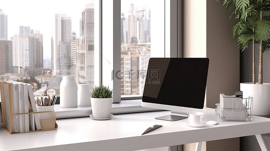 家庭办公室工作区的 3D 渲染，配有 PC 电脑模型和窗边桌子上的装饰