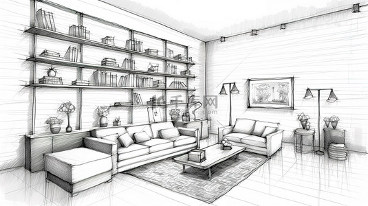 房子手绘背景图片_将手绘草图转变为白色背景 3D 渲染上的时尚现代客厅墙单元