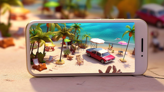 手机屏幕背景图片_手机屏幕上显示 3D 渲染的夏季海滩度假胜地