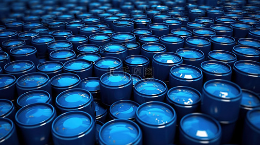 3D 渲染插图中堆叠的蓝色燃料桶阵列