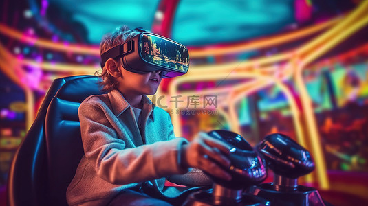 vr现实背景图片_一个小孩在乘坐游乐设施或观看 3D 电影时，戴着 VR 耳机享受模拟现实冒险