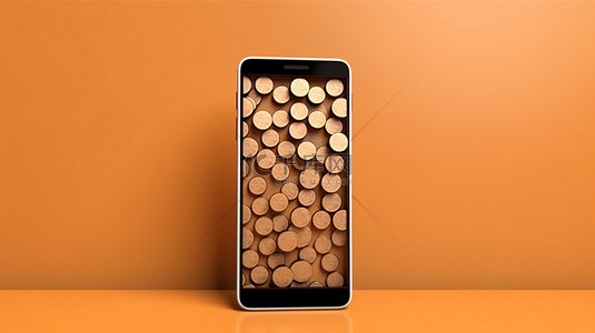 优质金果背景图片_在空白显示屏上对齐硬币的手机 3D 渲染