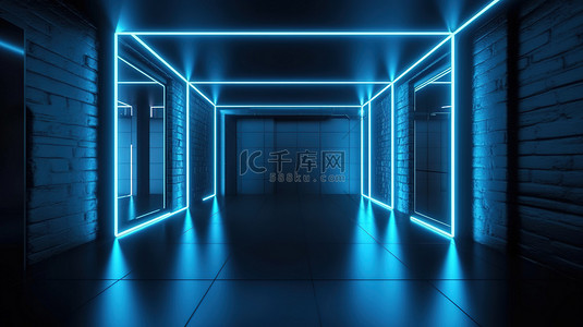 蓝色霓虹灯在 3D 渲染的空房间中营造出令人惊叹的氛围