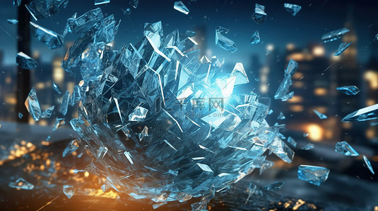 金属碎片散落在破碎玻璃背景中的 3D 插图