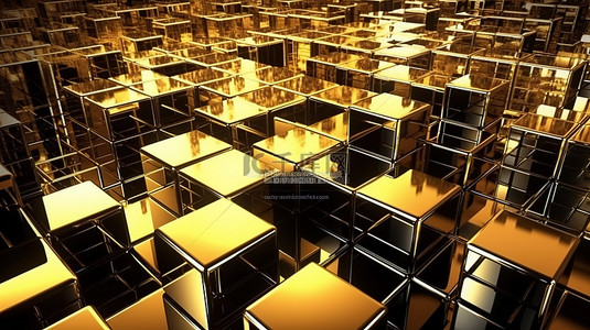 闪闪发光的立方体背景抽象 3D 插图与闪闪发光的几何金色反射