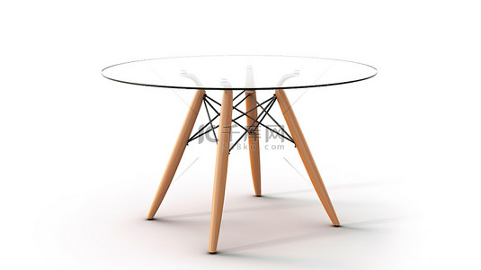 白色背景上 3D 渲染的带玻璃顶和木腿的圆桌