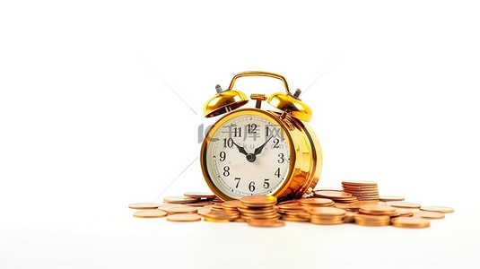 白色背景上的老式闹钟和欧元硬币 3D 渲染永恒的价值概念
