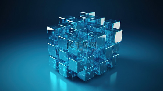 蓝色 3d 渲染中的小立方体几何结构