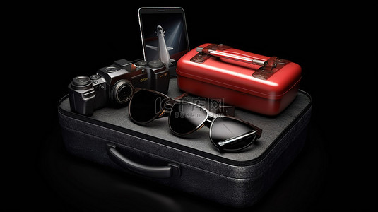 黑色背景展示旅行必需品手提箱相机飞机智能手机太阳镜救生圈 3D 渲染