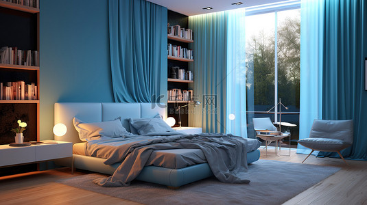 蓝色酒店背景图片_蓝色墙壁 3D 渲染卧室的夜间氛围