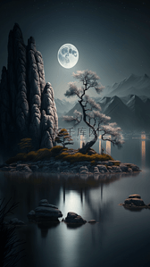 美丽的山水风景背景图片_中国风山水月光唯美背景