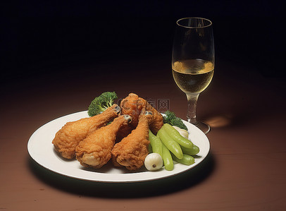 蔬菜油炸背景图片_炸鸡配蔬菜和一杯酒