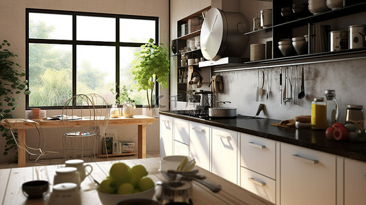 黑色房间背景图片_以新鲜水果为特色的厨房设计，配有卡布奇诺色橱柜和黑白瓷砖