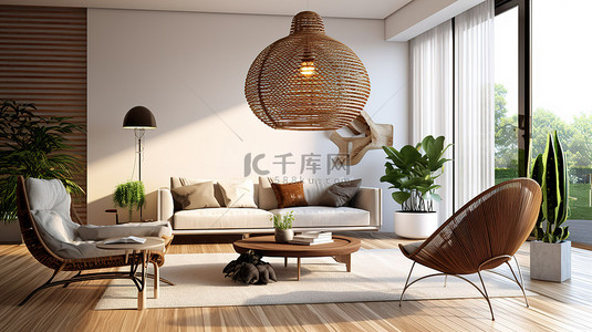 豪华的室内设计师椅子和藤制吊灯装饰优雅的客厅3D 渲染