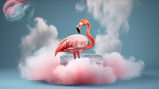 卡通小火烟雾背景图片_带着火烈鸟漂浮和卡通烟雾 3D 概念插图与复制空间以夏季风格飞走
