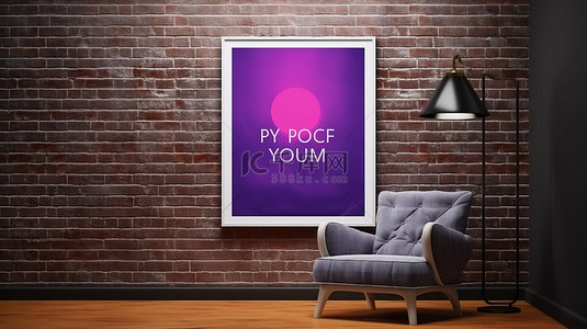 椅子海报背景图片_阁楼内部明亮的紫色扶手椅和霓虹灯照明与模型海报框架的 3D 渲染