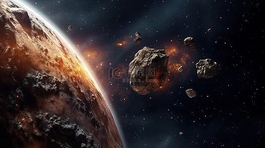 陨石宇宙背景图片_太空中的小行星科幻装饰概念的 3D 渲染