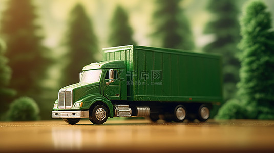 与自然和谐相处的绿色物流 树木模糊背景下卡车的 3D 插图