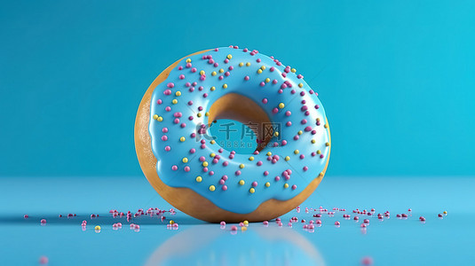 简约烘焙背景图片_蓝色隔离中的奇异甜甜圈对食物的简约诠释3D 渲染
