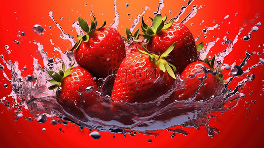 可口草莓背景图片_在 3D 渲染的充满活力的红色背景上，甜美的草莓浸透在水滴中